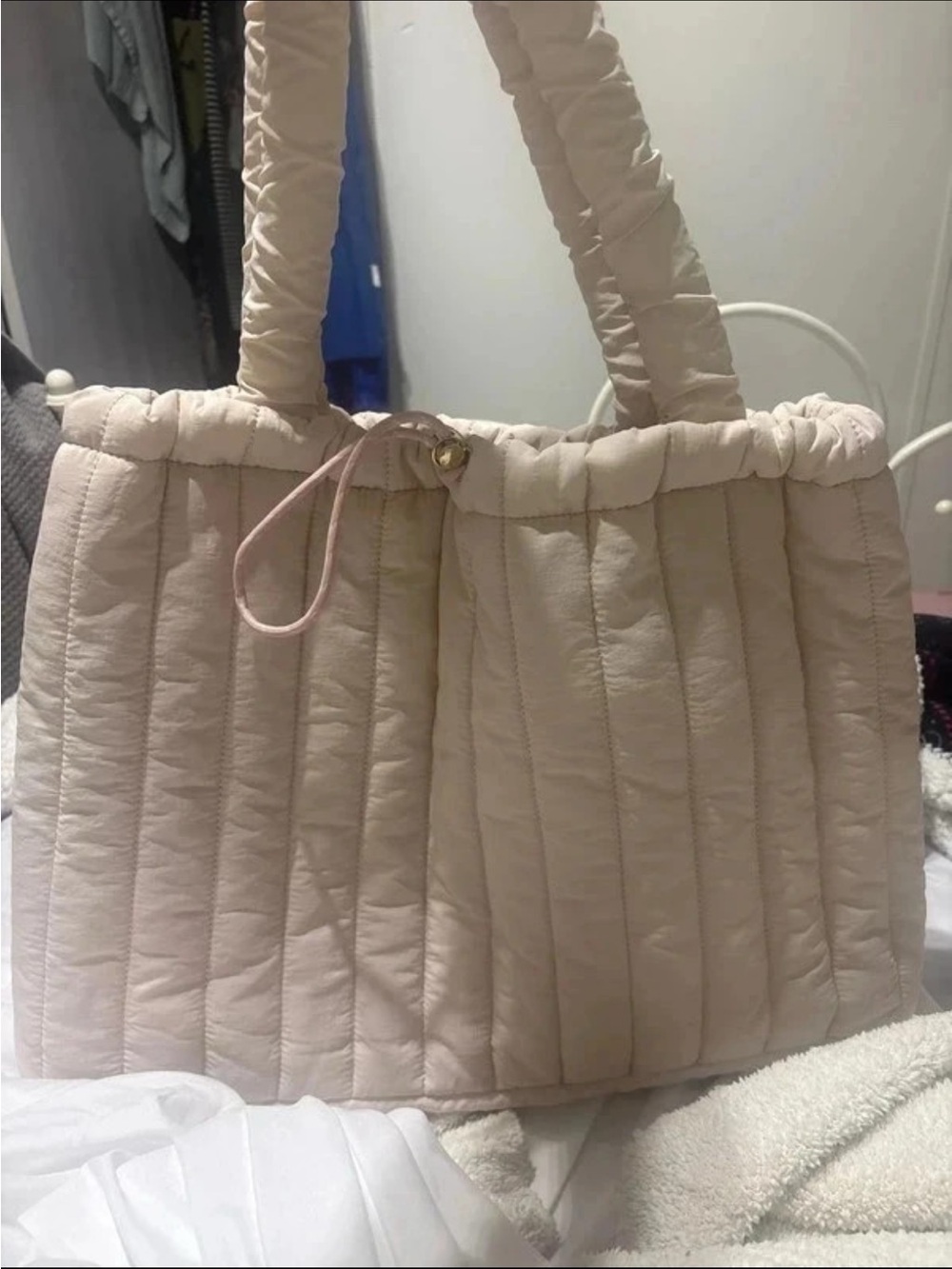 Quilted Cream Tote Bag with Ruched Handles